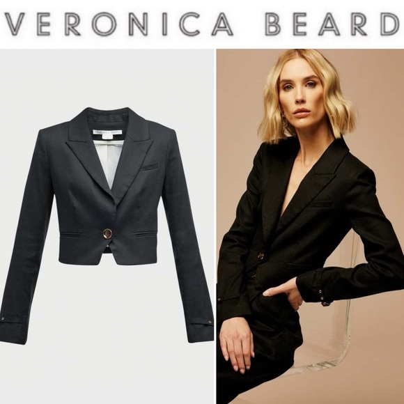 Veronica Beard Girard Black Linen Single Button Cropped Blazer Black 6 $498 NWT